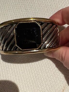 Chunky Gold-Tone Cuff Bracelet with Black Center Stone